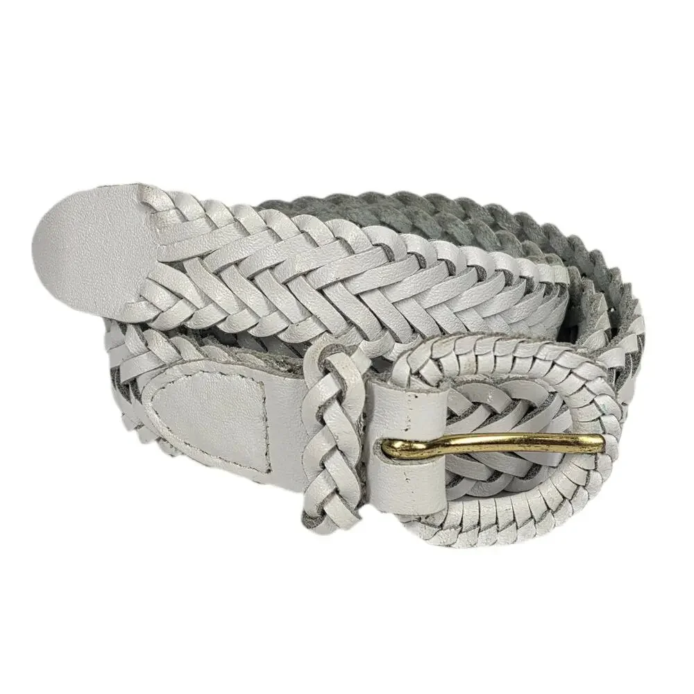 VINTAGE WHITE BRAIDED SPLIT COWHIDE LEATHER BELT – GOLD BUCKLE – SIZE L 38
